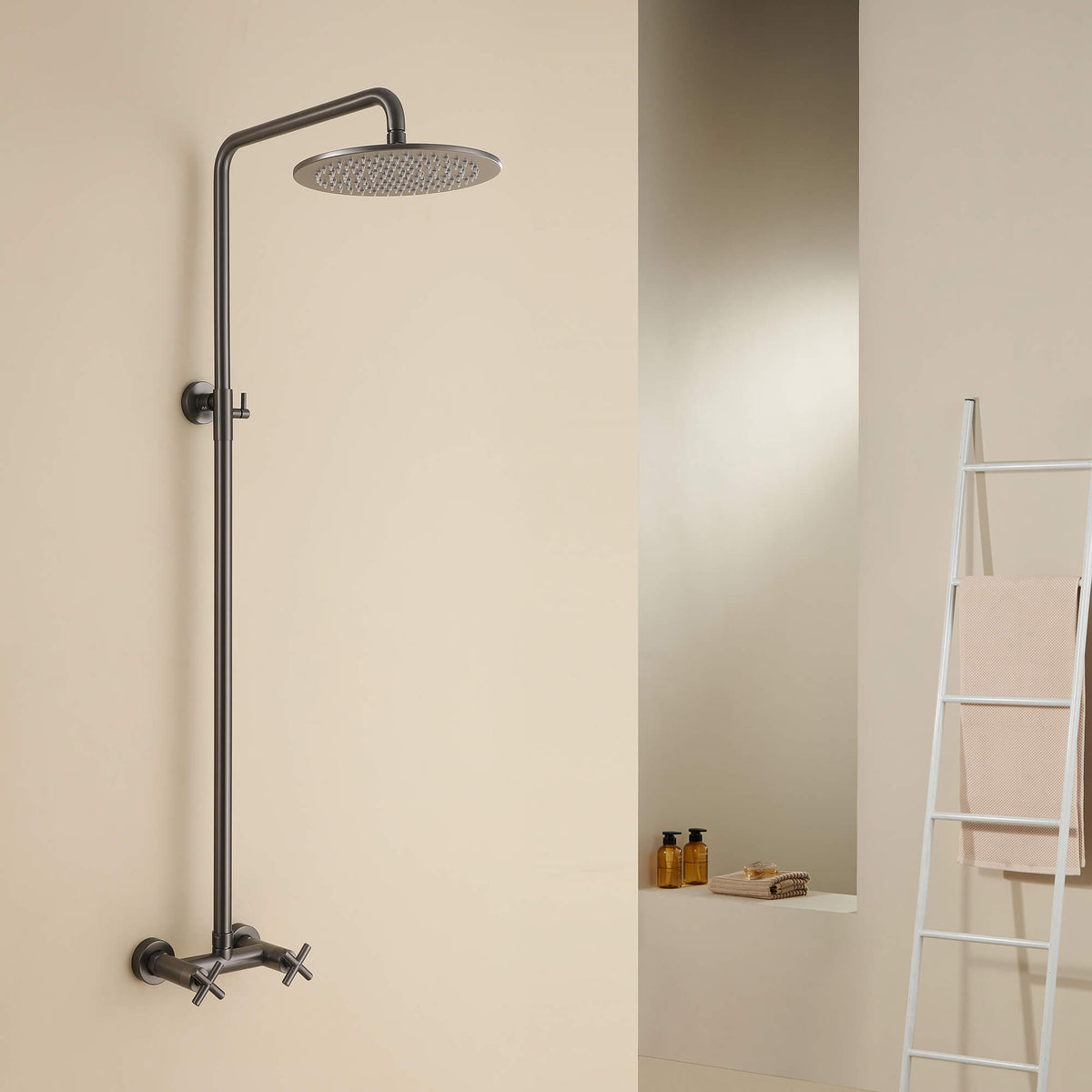Wall-Mounted Dual Handle Outdoor Shower Fixture with 10-Inch Rain Head