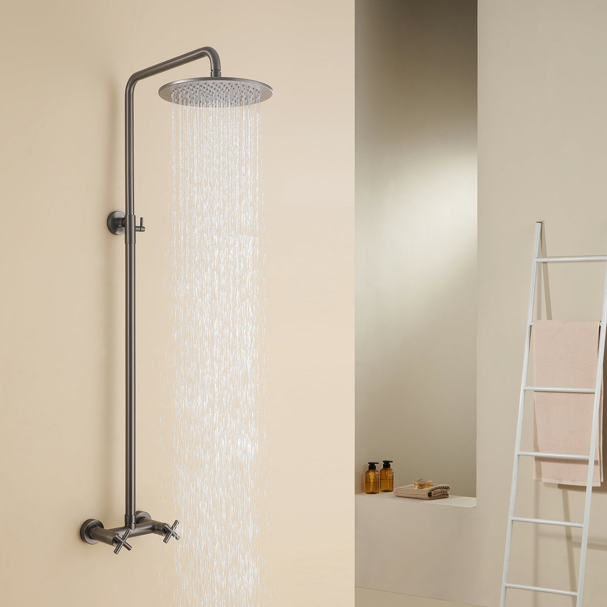 Wall-Mounted Dual Handle Outdoor Shower Fixture with 10-Inch Rain Head
