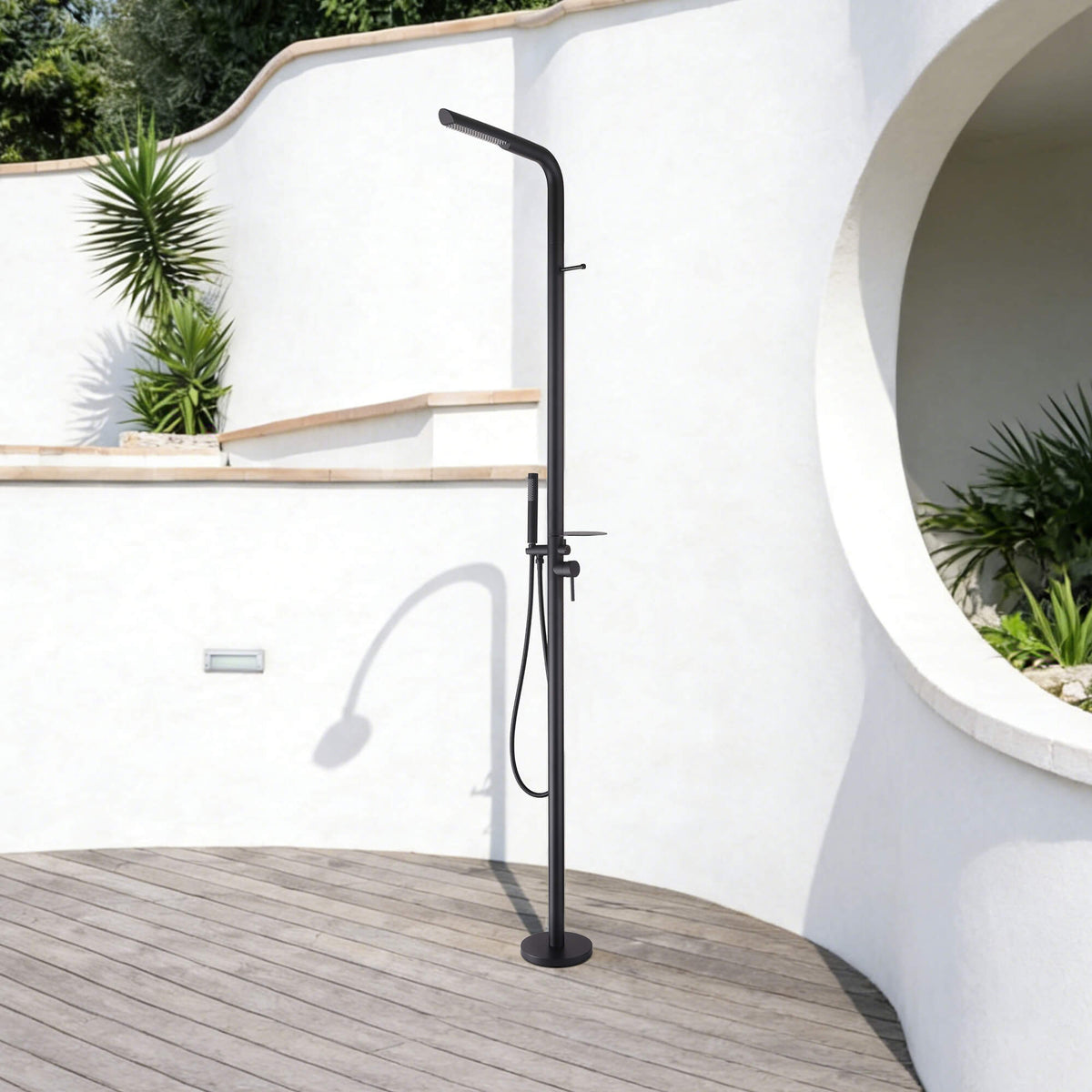 304 Stainless Steel Freestanding Outdoor Shower with Handheld Sprayer and Storage Shelf