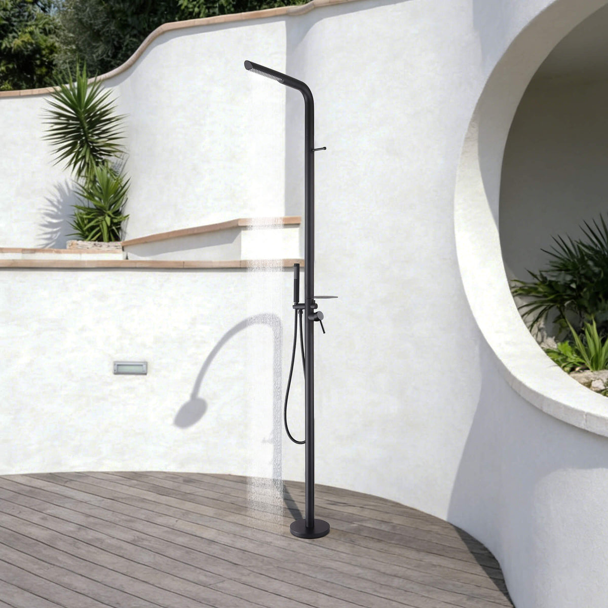 304 Stainless Steel Freestanding Outdoor Shower with Handheld Sprayer and Storage Shelf