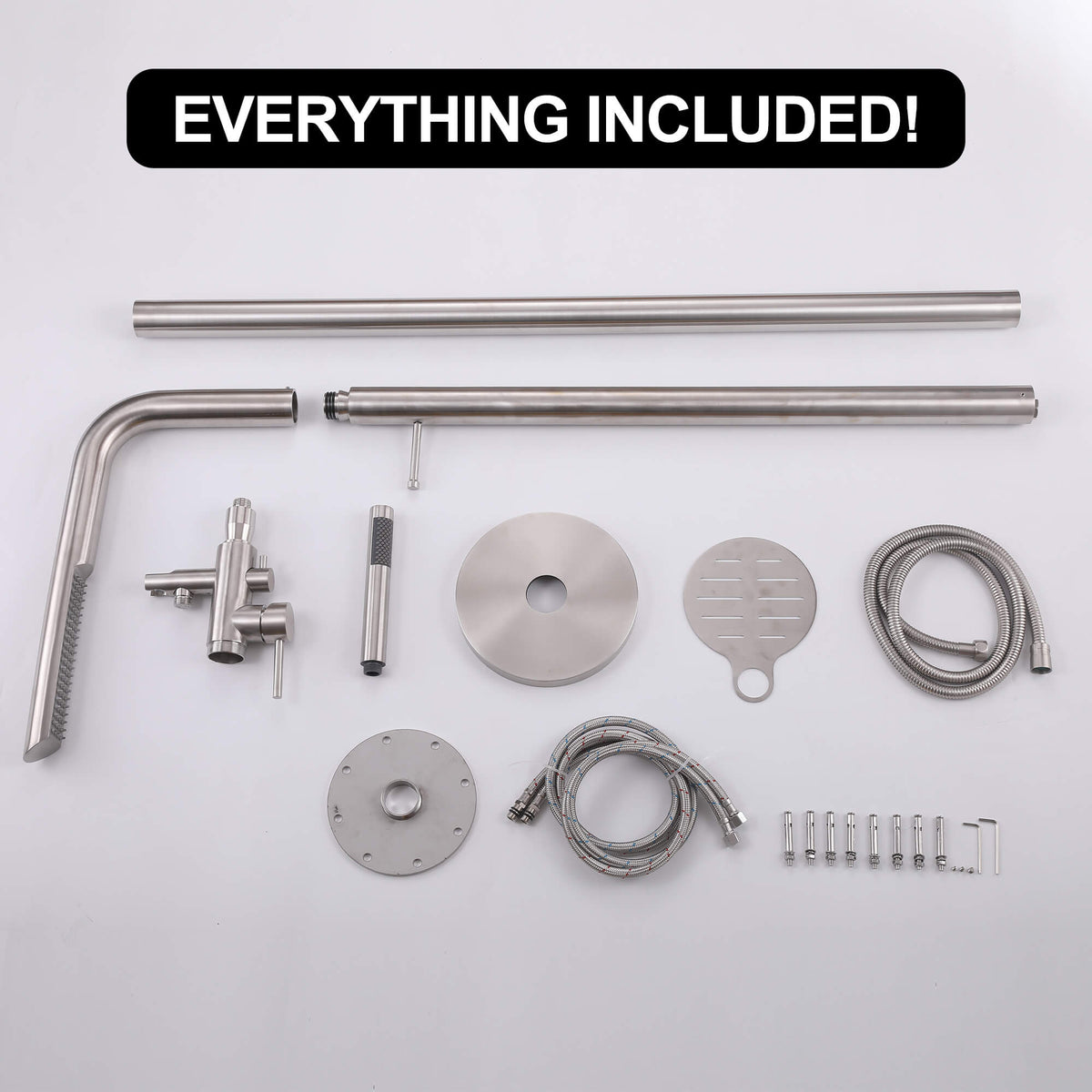 304 Stainless Steel Freestanding Outdoor Shower with Handheld Sprayer and Storage Shelf