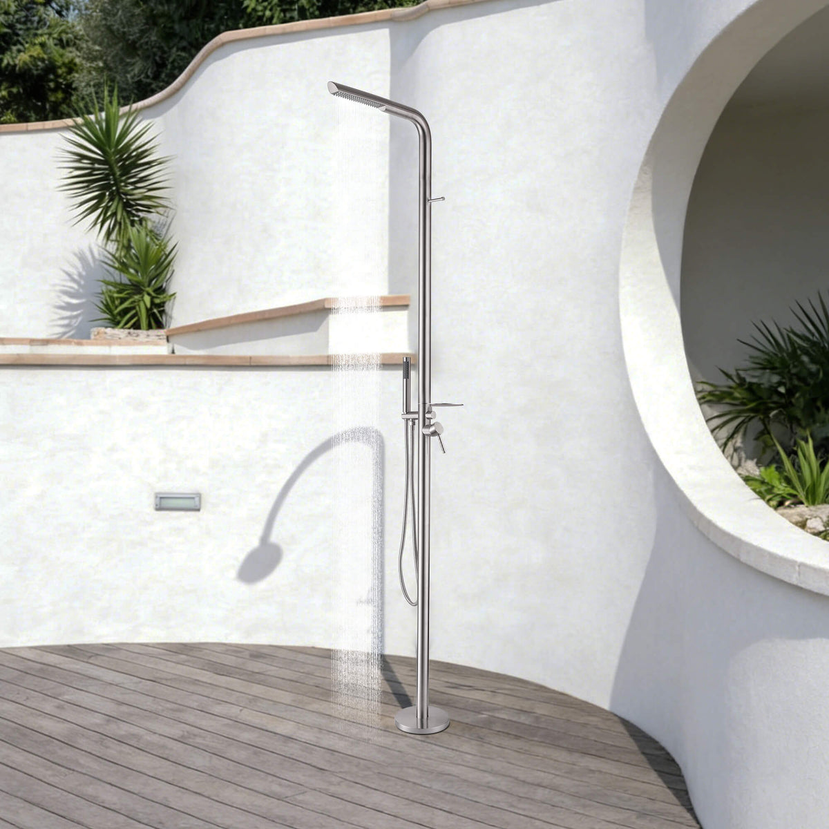 304 Stainless Steel Freestanding Outdoor Shower with Handheld Sprayer and Storage Shelf