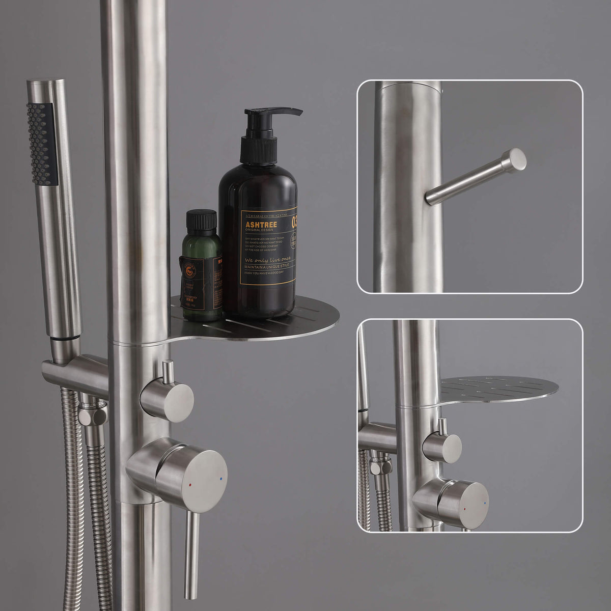 304 Stainless Steel Freestanding Outdoor Shower with Handheld Sprayer and Storage Shelf