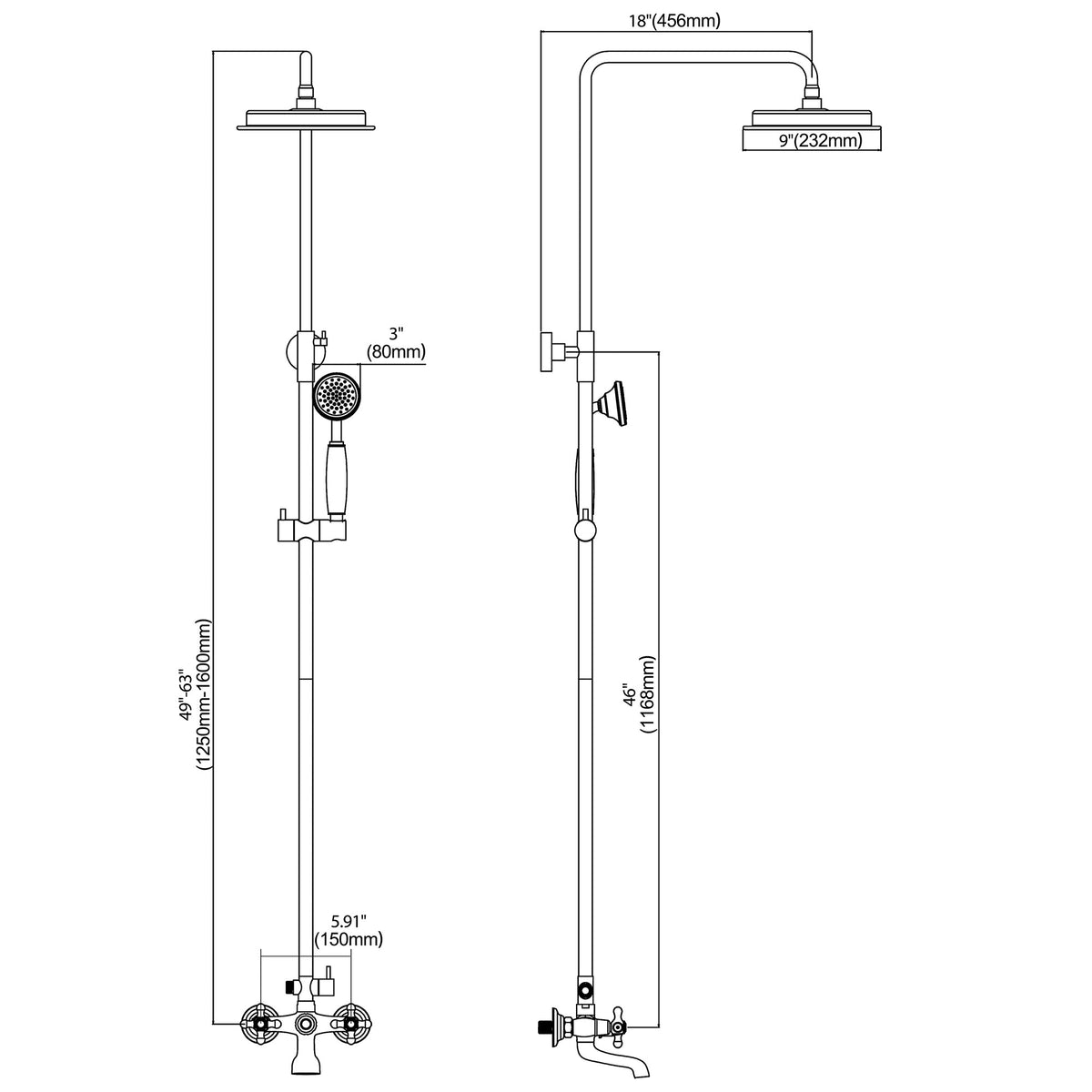 3-Function Antique Brass Outdoor Shower with Rainfall Head, Handheld Sprayer & Lower Spout