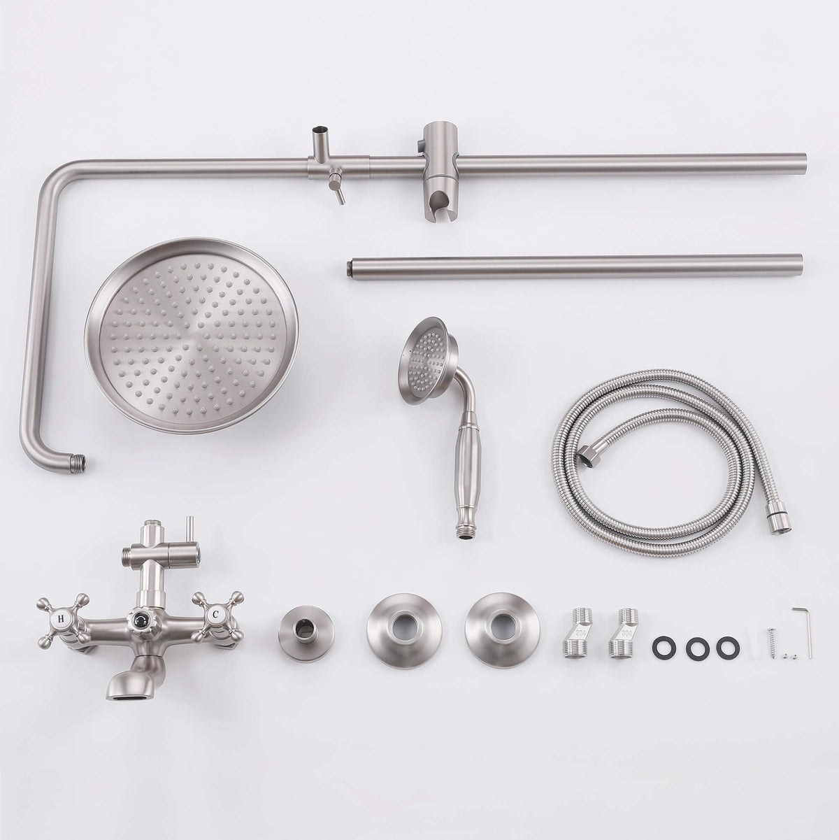3-Function Antique Brass Outdoor Shower with Rainfall Head, Handheld Sprayer & Lower Spout