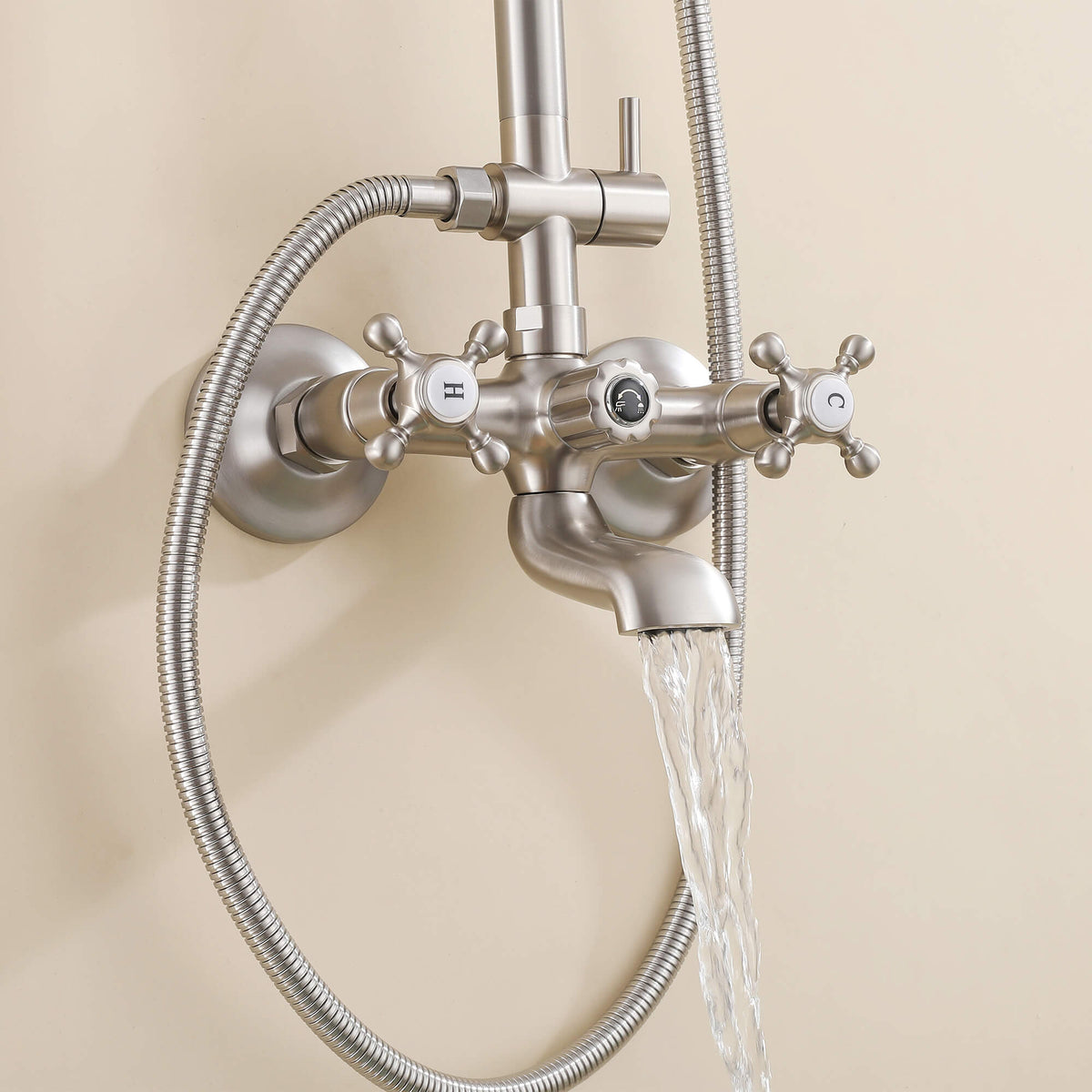 3-Function Antique Brass Outdoor Shower with Rainfall Head, Handheld Sprayer & Lower Spout