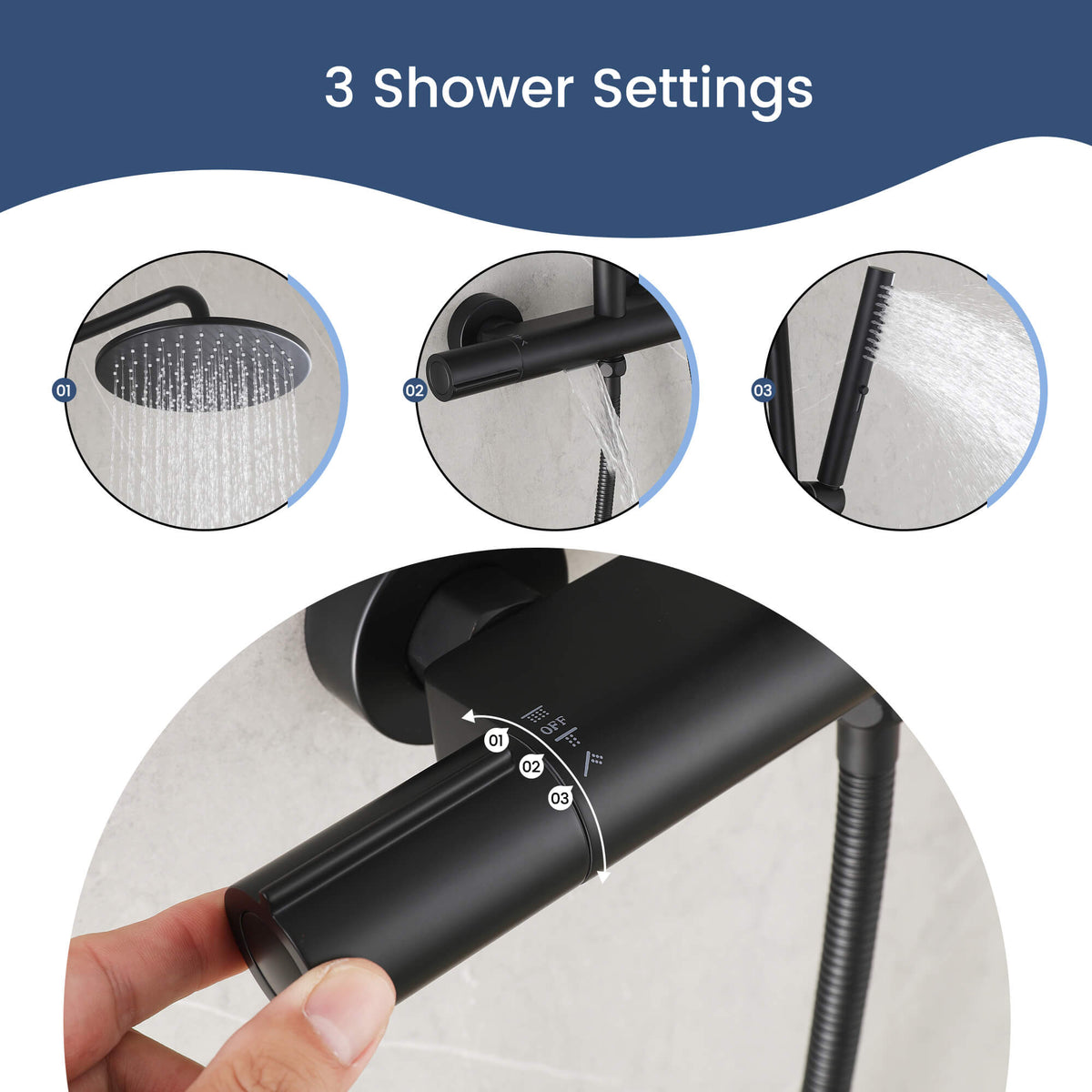 3-Function Thermostatic Shower Set with Rainfall Shower and Handheld Wand