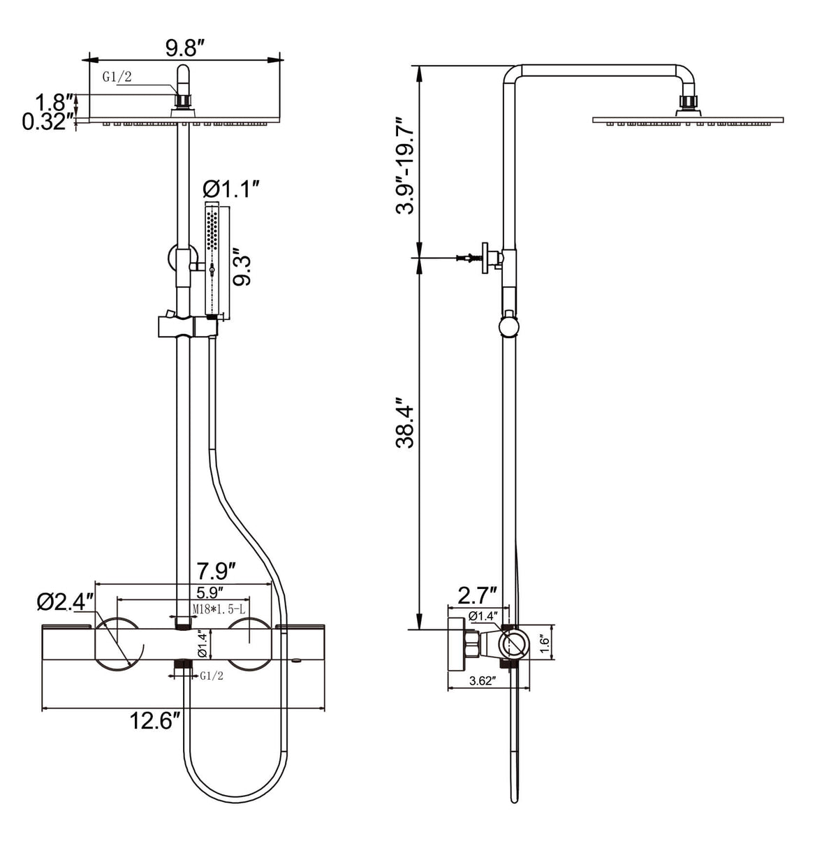 3-Function Thermostatic Shower Set with Rainfall Shower and Handheld Wand