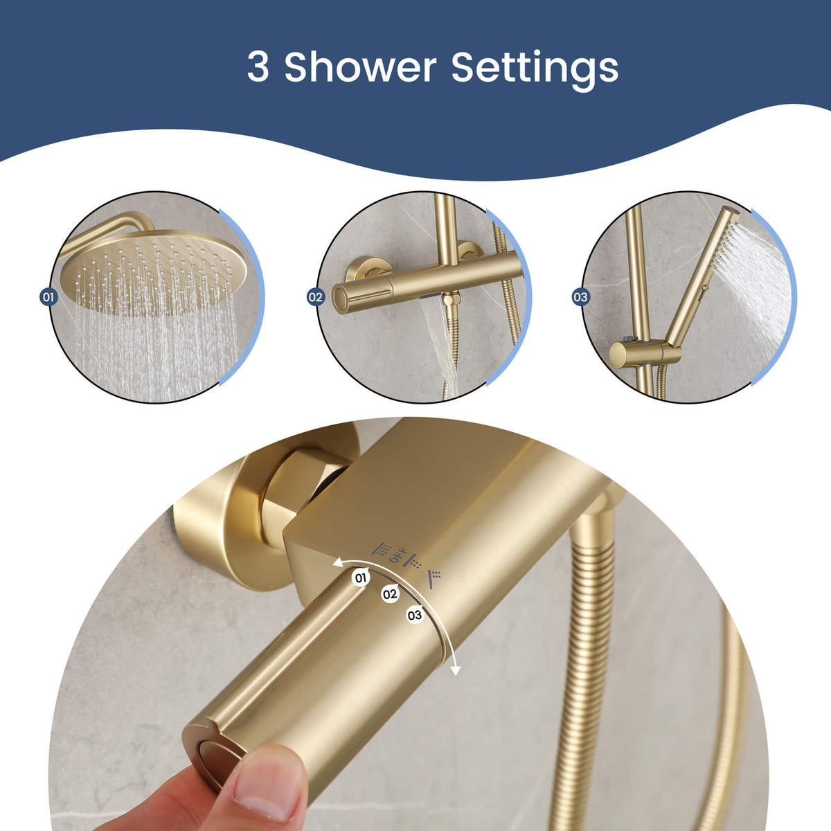 3-Function Thermostatic Shower Set with Rainfall Shower and Handheld Wand