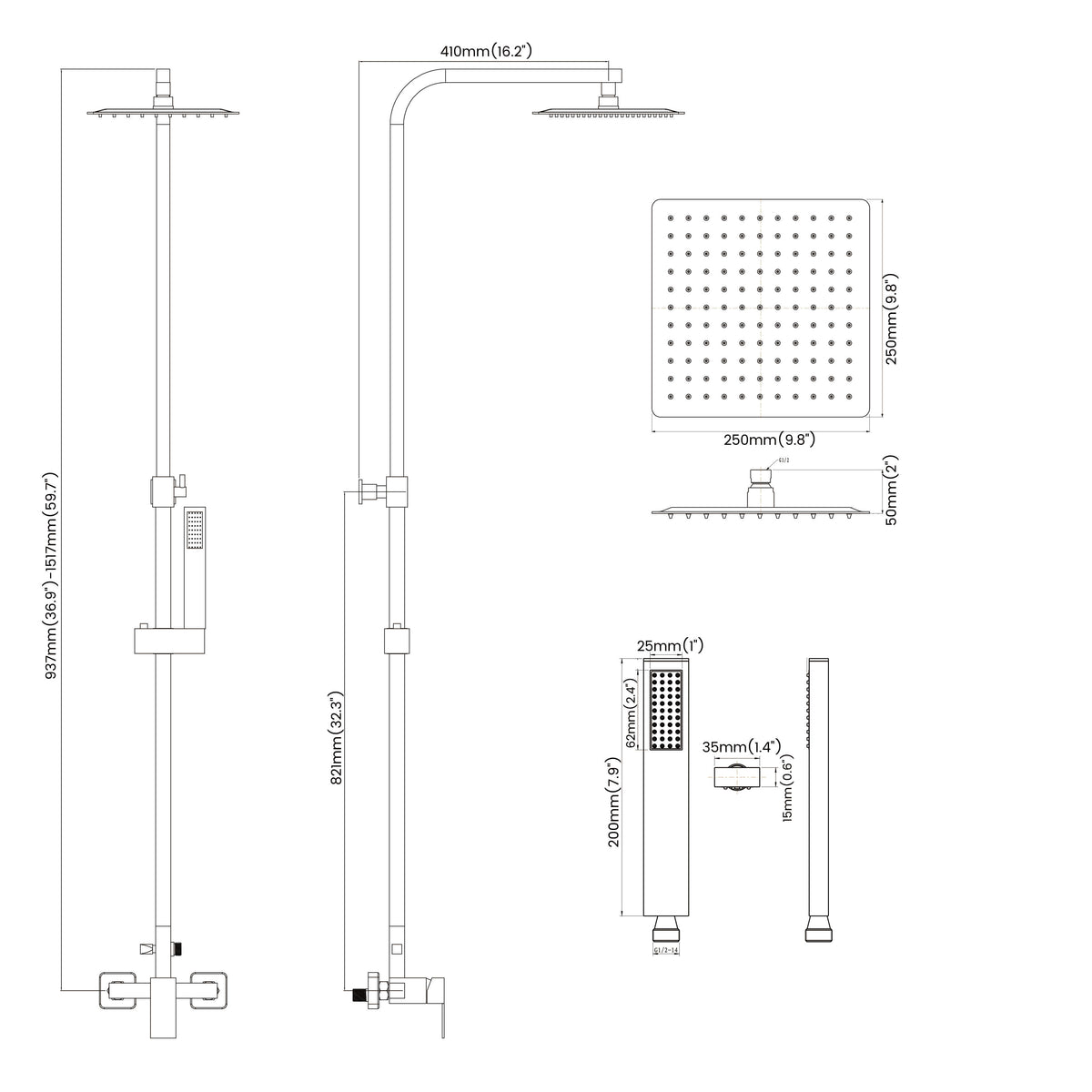 Wall-Mounted Height Adjustable 304 Stainless Steel Outdoor Shower with Square Rainfall Shower Head