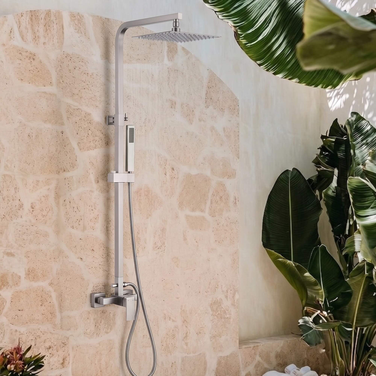 Wall-Mounted Height Adjustable 304 Stainless Steel Outdoor Shower with Square Rainfall Shower Head