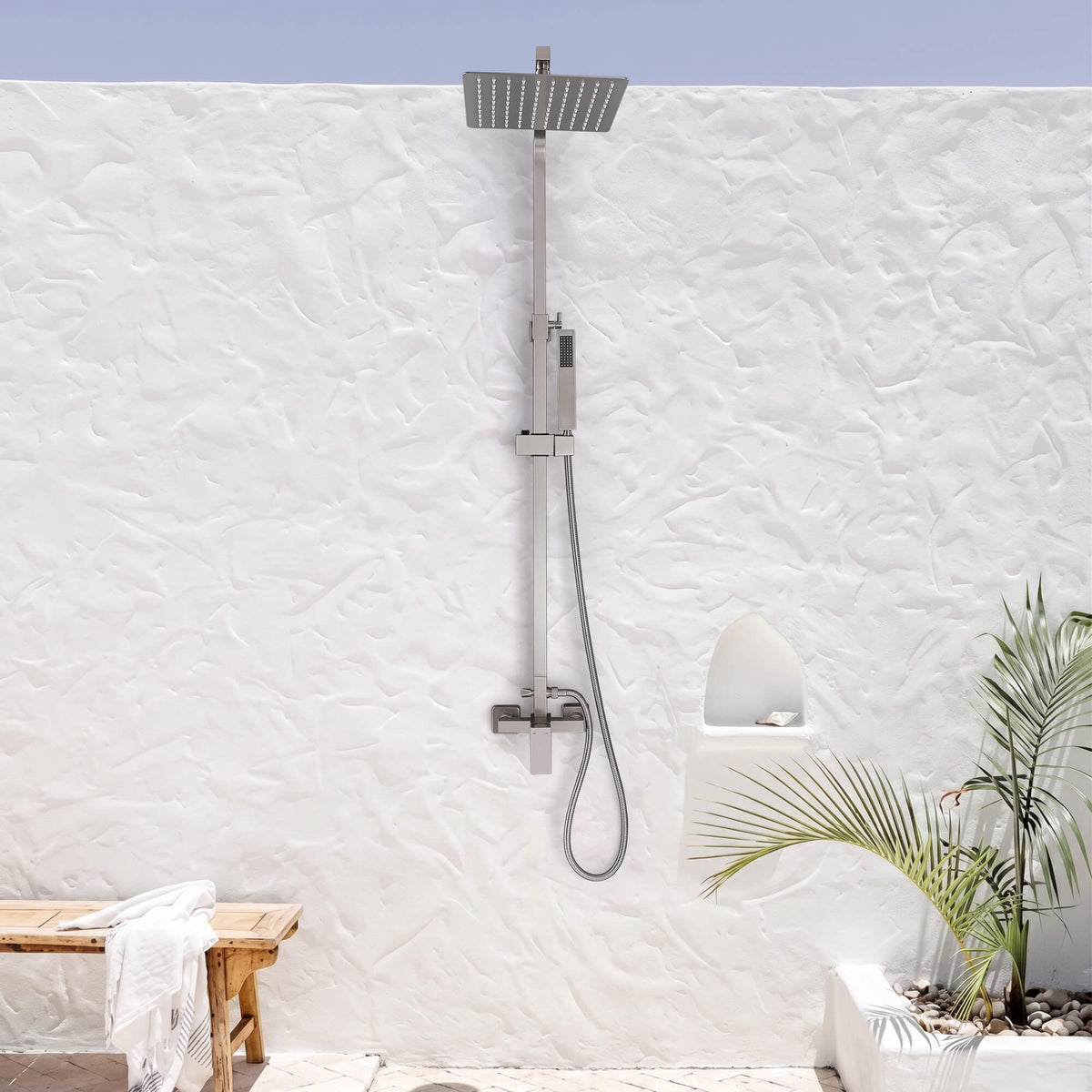 Wall-Mounted Height Adjustable 304 Stainless Steel Outdoor Shower with Square Rainfall Shower Head