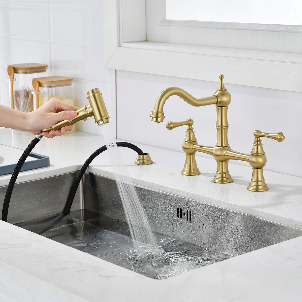 Traditional Bridge Kitchen Faucet with Side Spray
