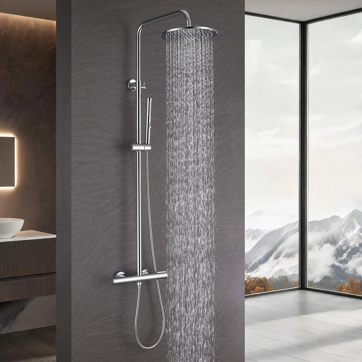 3-Function Thermostatic Shower Set with Rainfall Shower and Handheld Wand