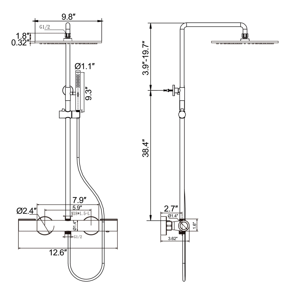 3-Function Thermostatic Shower Set with Rainfall Shower and Handheld Wand