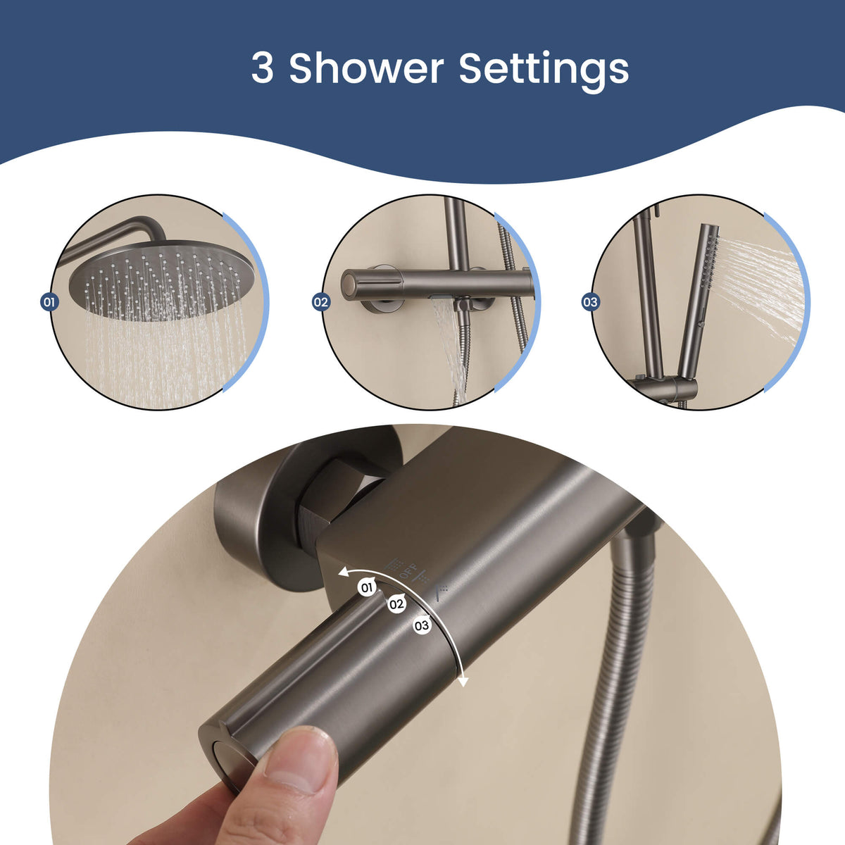 3-Function Thermostatic Shower Set with Rainfall Shower and Handheld Wand