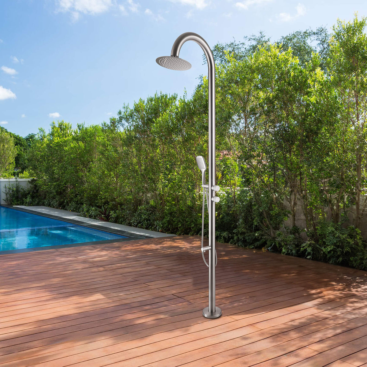 Freestanding 316 Stainless Steel Outdoor Shower with 10-Inch Rain Head & 360° Swivel Rinse Spout