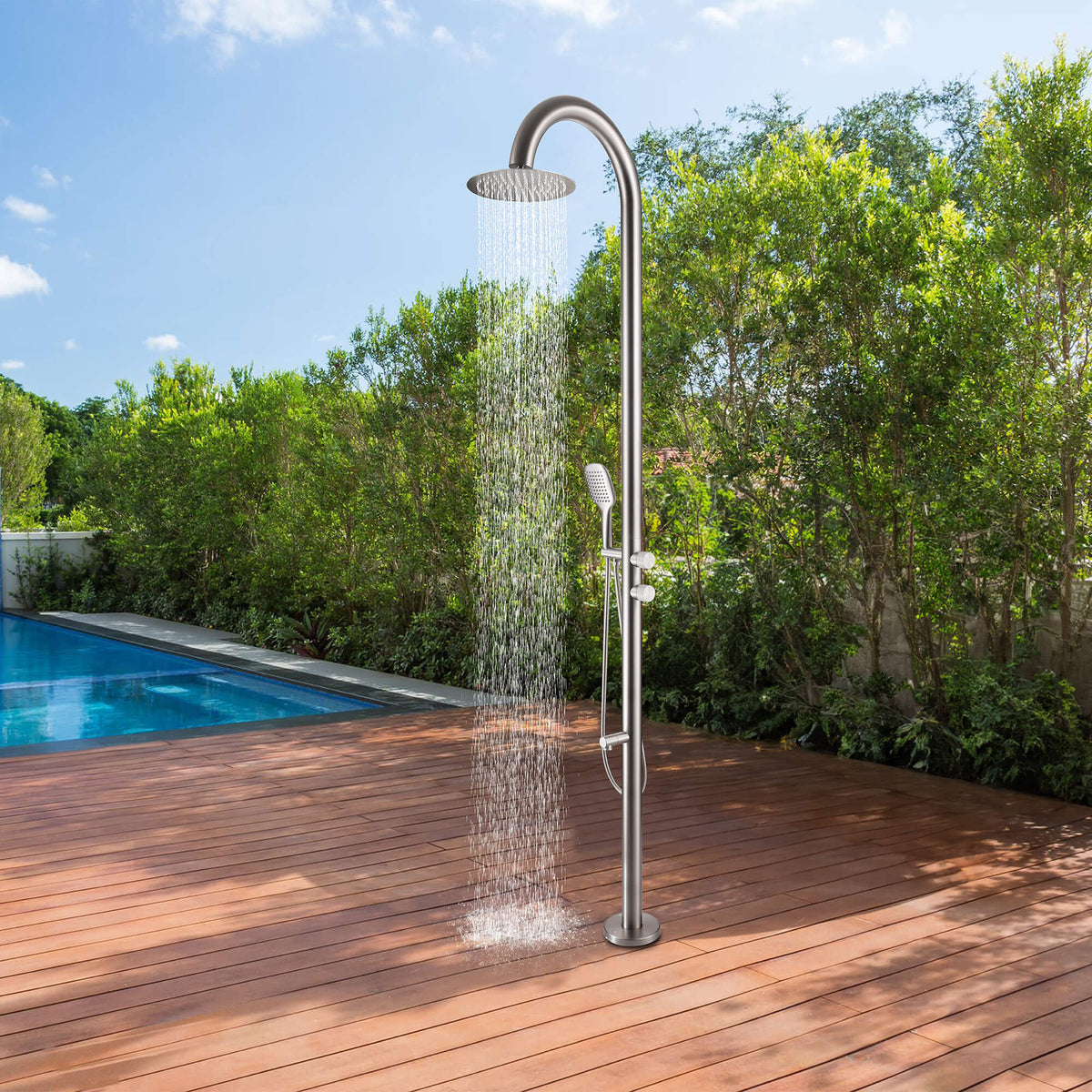 Freestanding 316 Stainless Steel Outdoor Shower with 10-Inch Rain Head & 360° Swivel Rinse Spout
