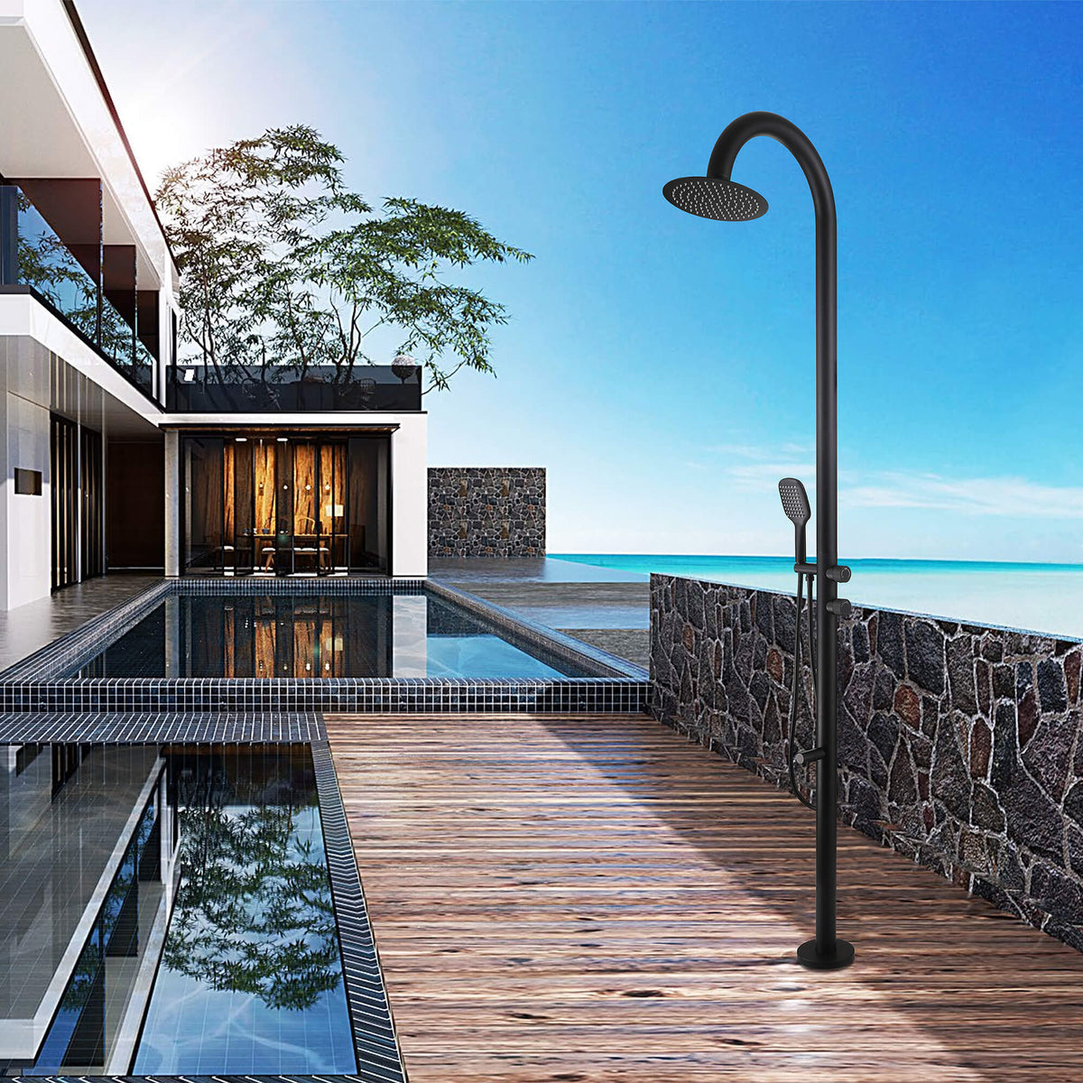 Freestanding 316 Stainless Steel Outdoor Shower with 10-Inch Rain Head & 360° Swivel Rinse Spout