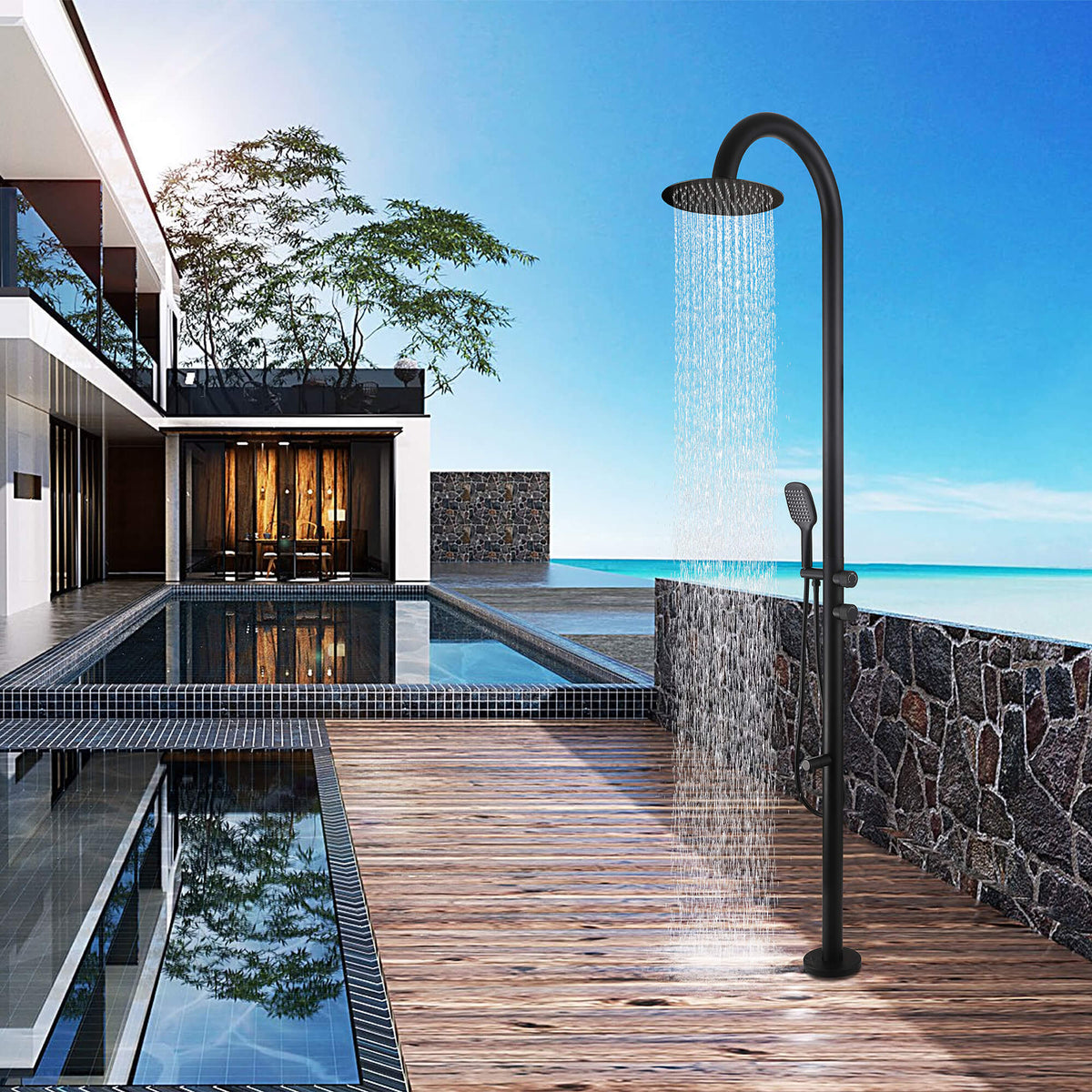 Freestanding 316 Stainless Steel Outdoor Shower with 10-Inch Rain Head & 360° Swivel Rinse Spout