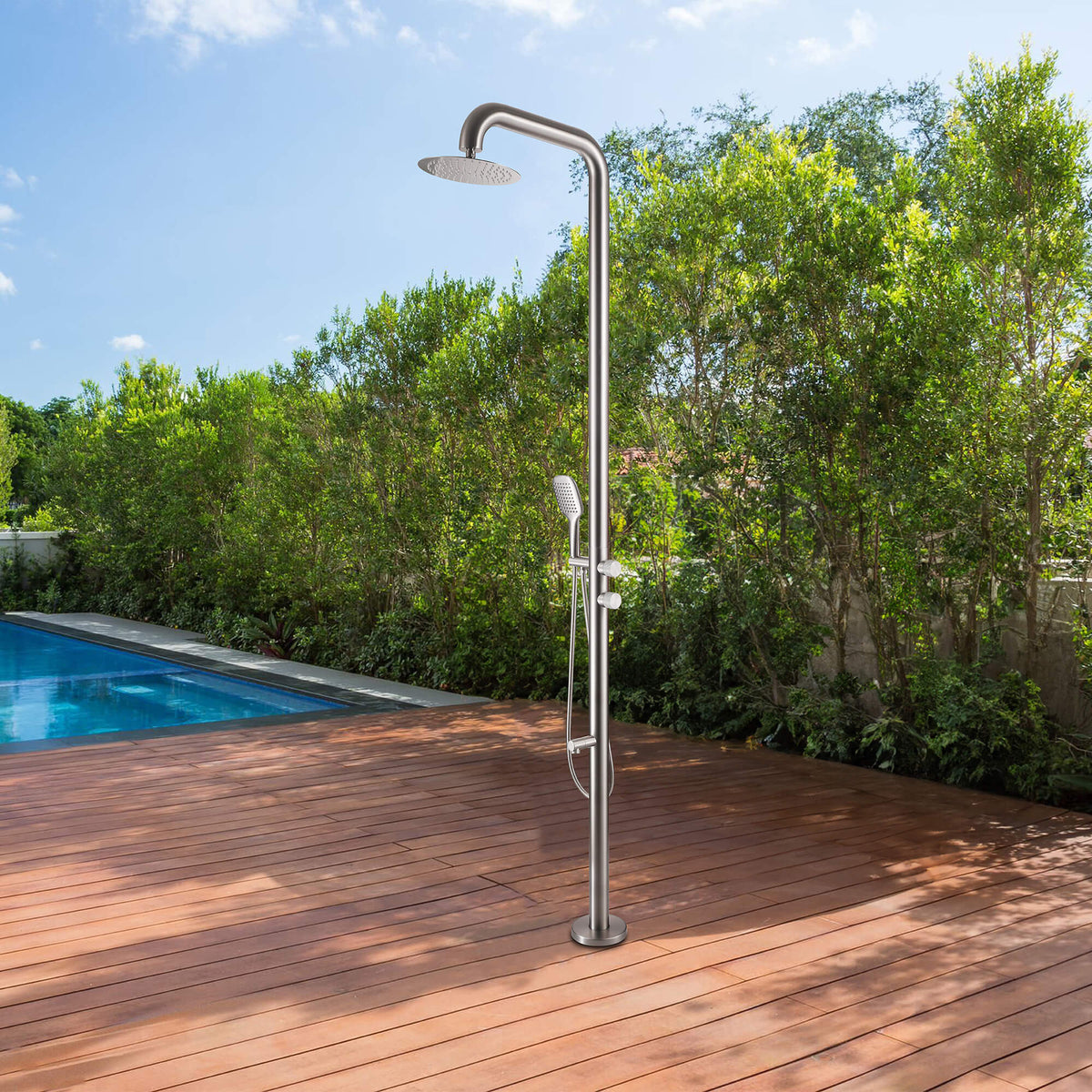 Freestanding 316 Stainless Steel Outdoor Shower with 360° Swivel Rinse Spout