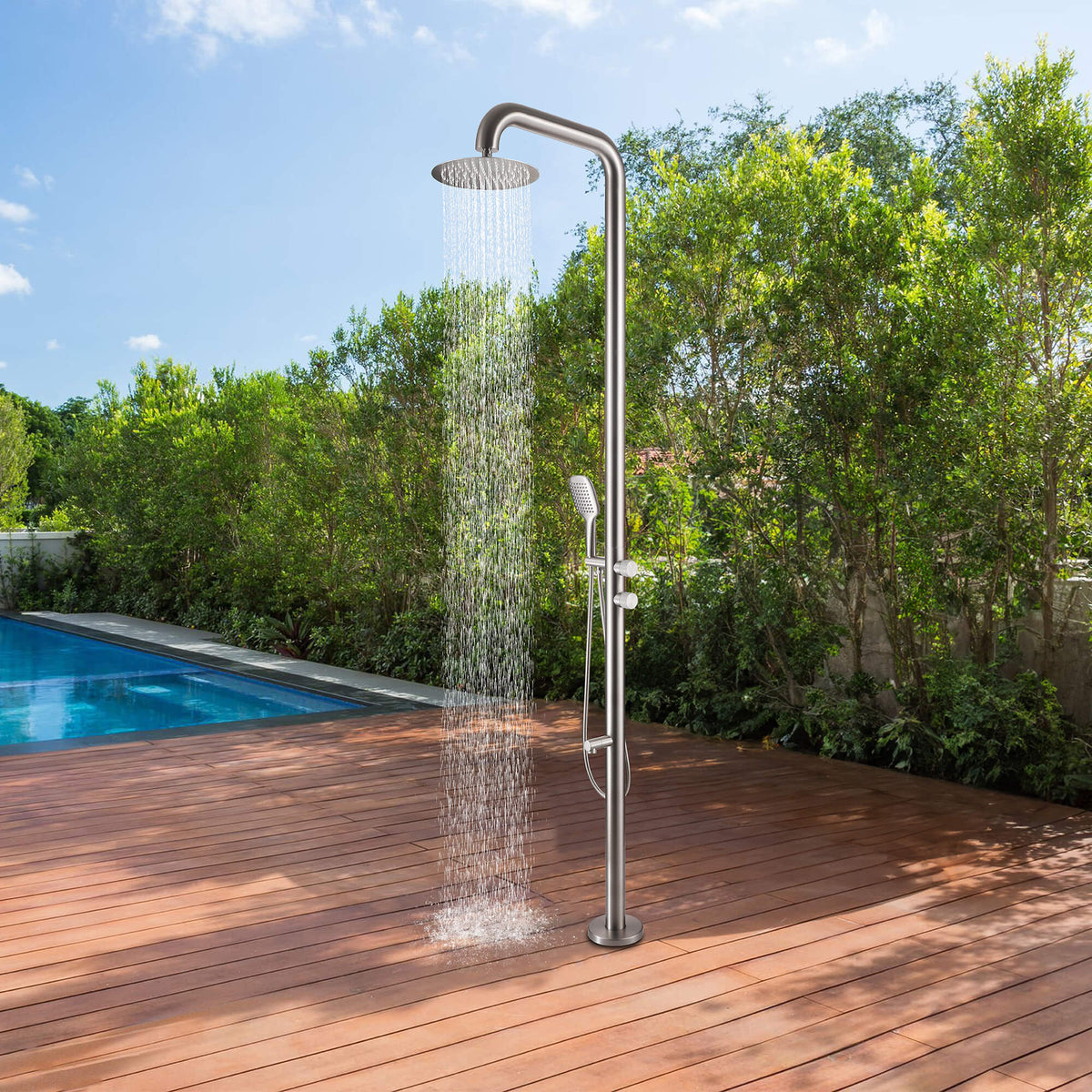 Freestanding 316 Stainless Steel Outdoor Shower with 360° Swivel Rinse Spout