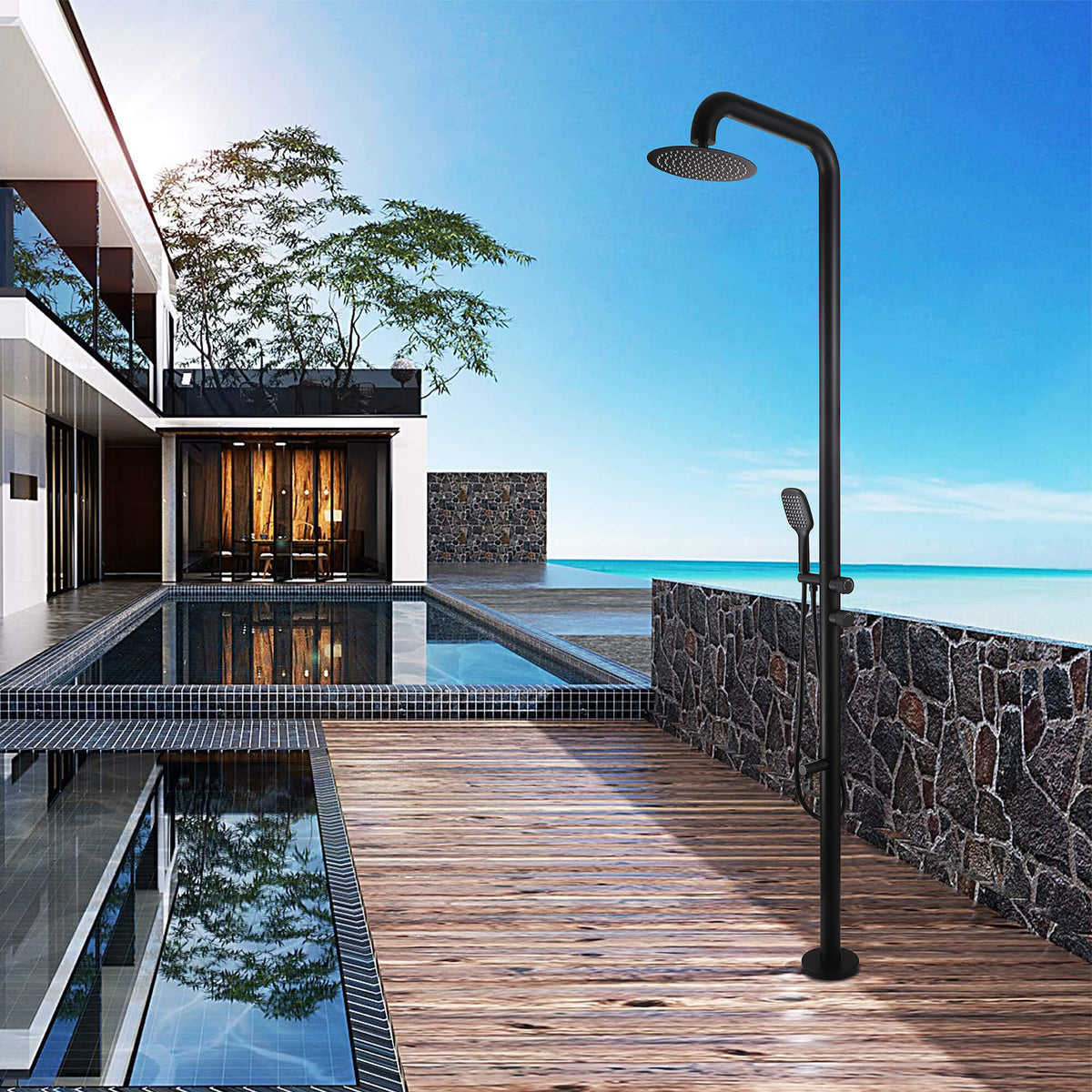 Freestanding 316 Stainless Steel Outdoor Shower with 360° Swivel Rinse Spout