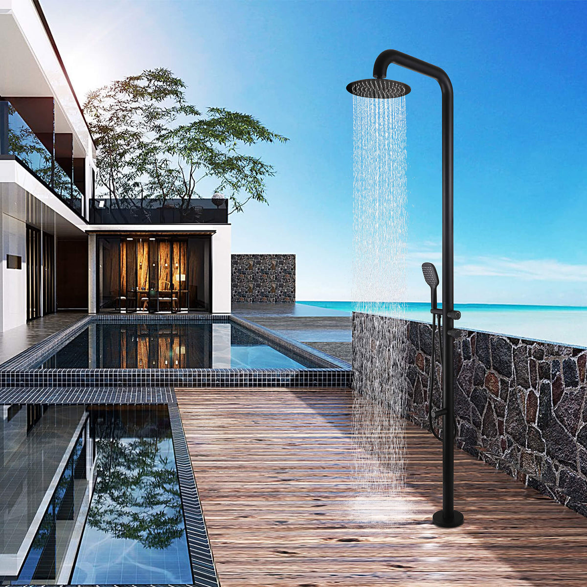 Freestanding 316 Stainless Steel Outdoor Shower with 360° Swivel Rinse Spout