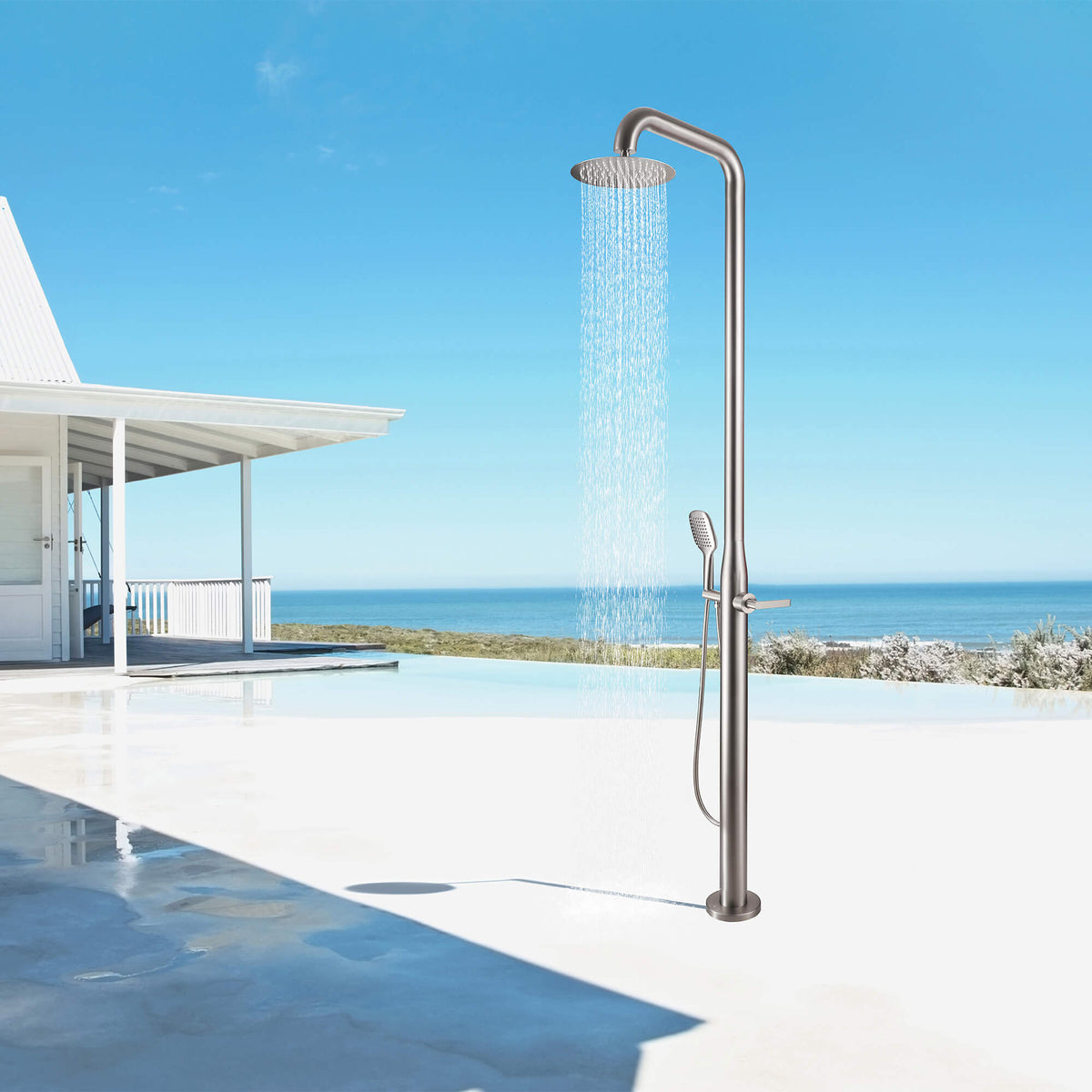 Curved-Arm 316 Stainless Steel Freestanding Outdoor Shower with Handheld Sprayer