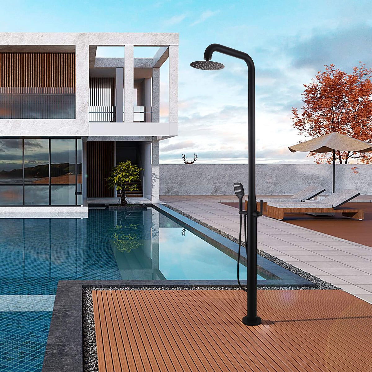 Curved-Arm 316 Stainless Steel Freestanding Outdoor Shower with Handheld Sprayer