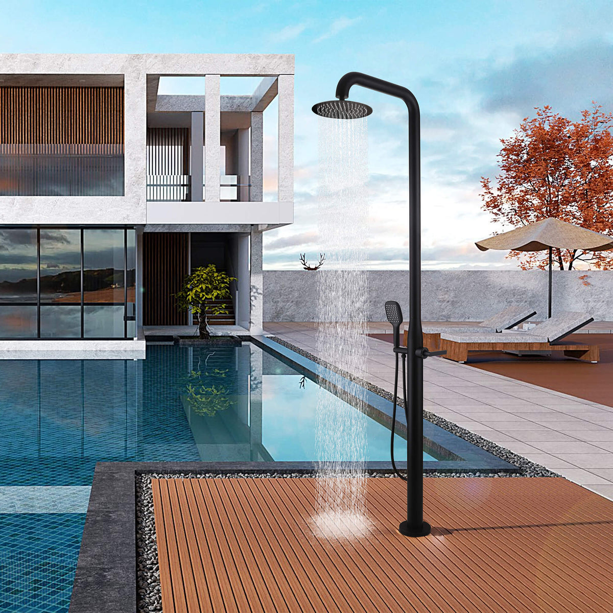 Curved-Arm 316 Stainless Steel Freestanding Outdoor Shower with Handheld Sprayer