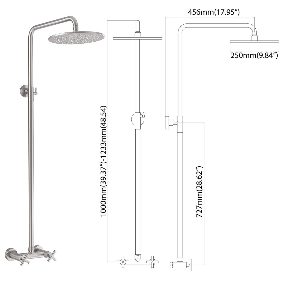 Wall-Mounted Dual Handle Outdoor Shower Fixture with 10-Inch Rain Head