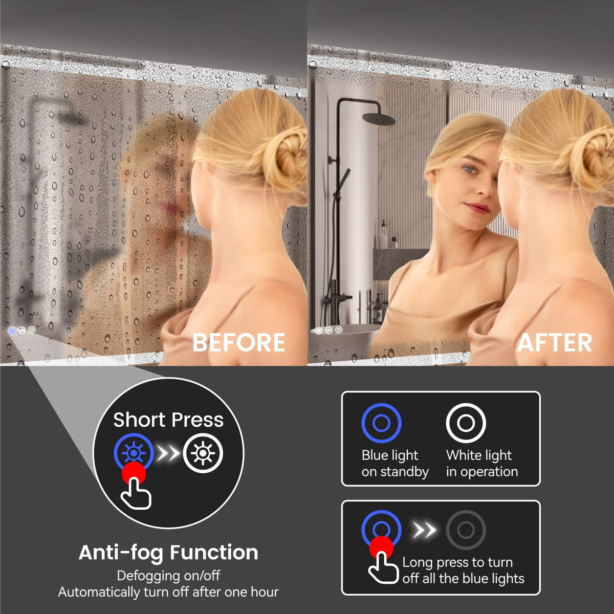 LED Bathroom Mirror with Front and Back Lighting, Anti-Fog and Dimmable Touch Control