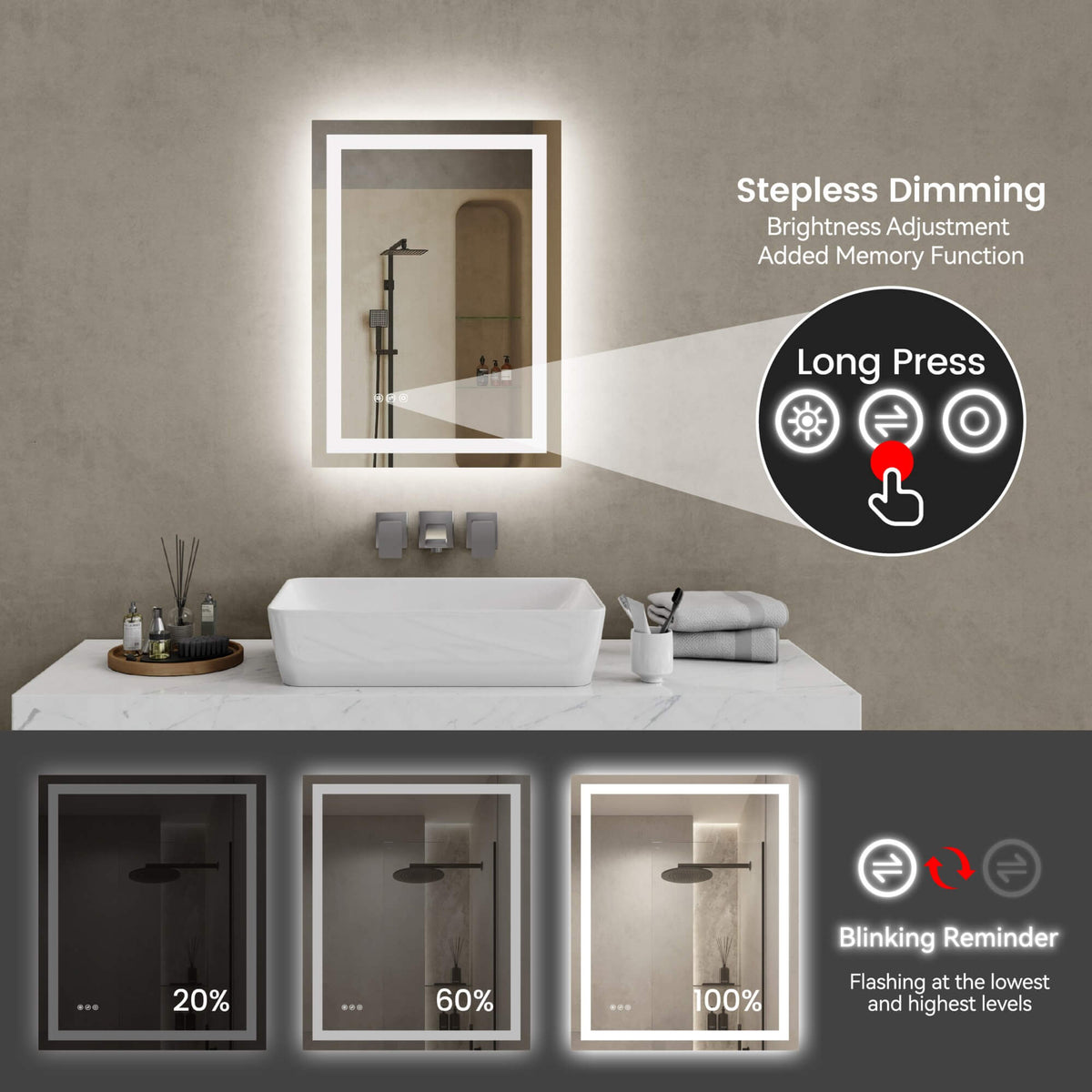 LED Bathroom Mirror with Front and Back Lighting, Anti-Fog and Dimmable Touch Control