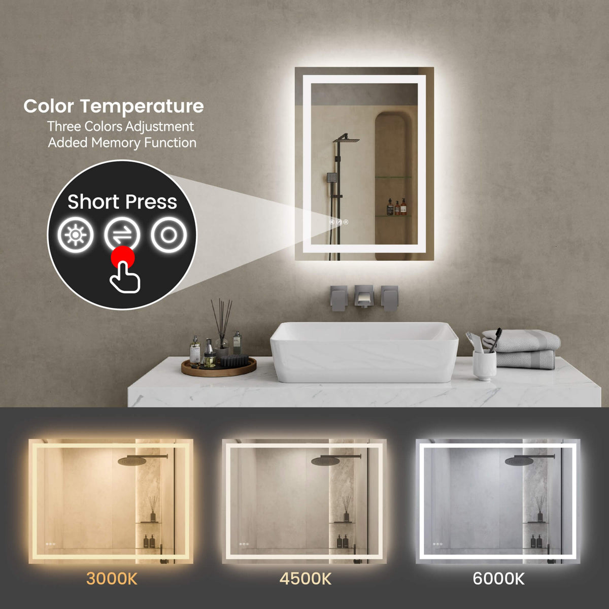 LED Bathroom Mirror with Front and Back Lighting, Anti-Fog and Dimmable Touch Control