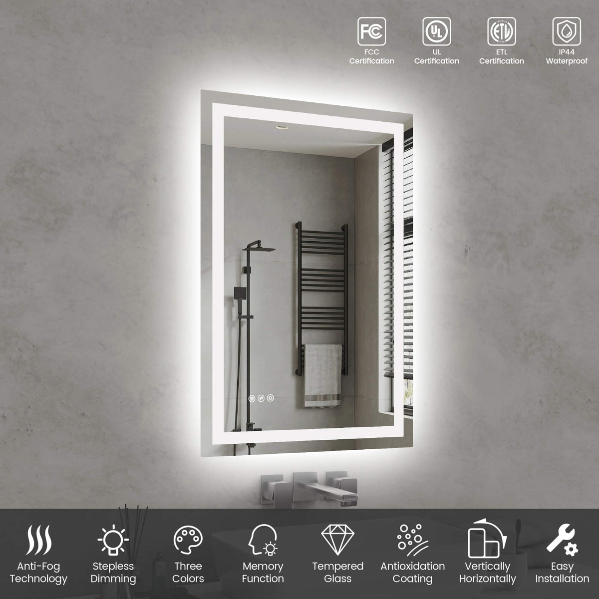 LED Bathroom Mirror with Front and Back Lighting, Anti-Fog and Dimmable Touch Control