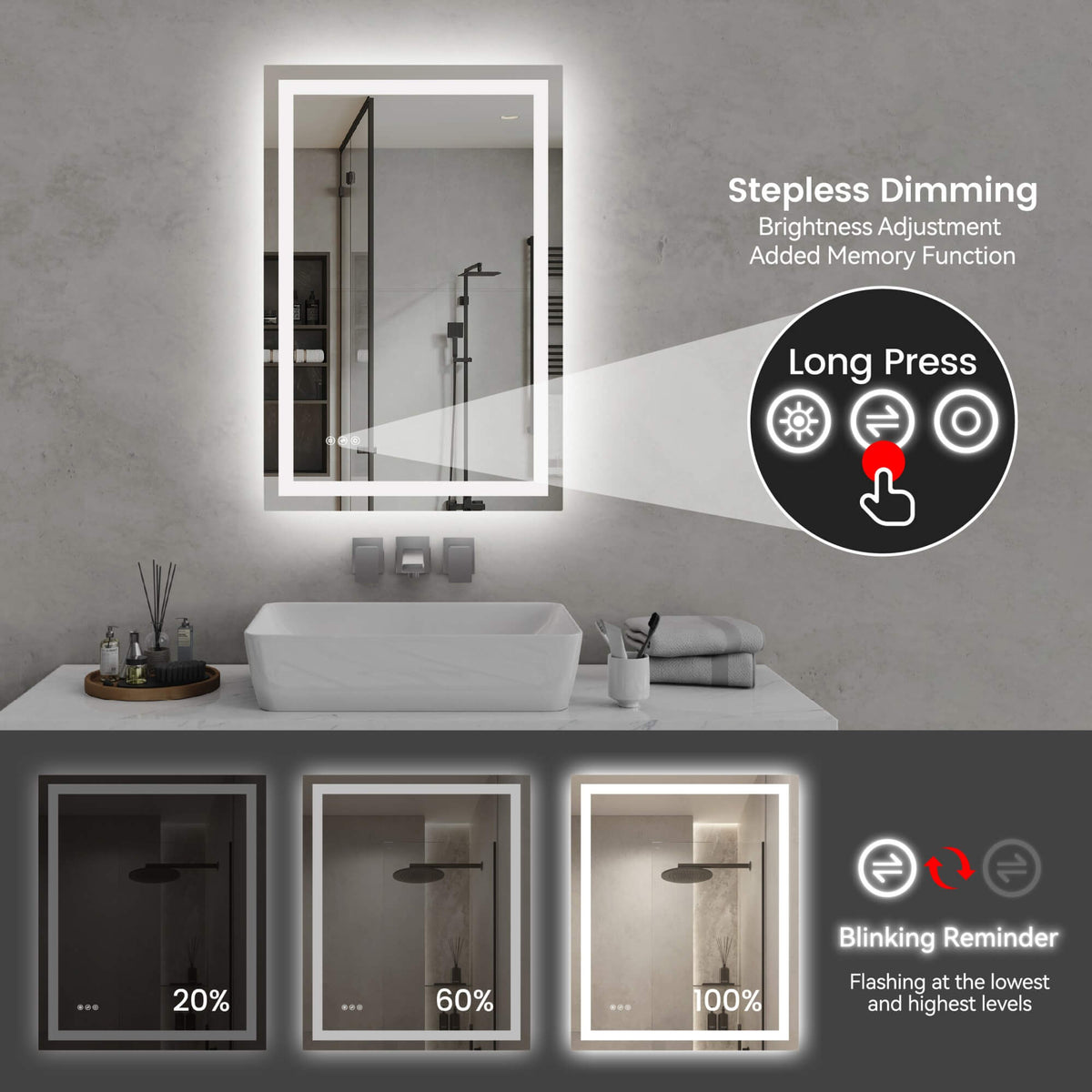 LED Bathroom Mirror with Front and Back Lighting, Anti-Fog and Dimmable Touch Control