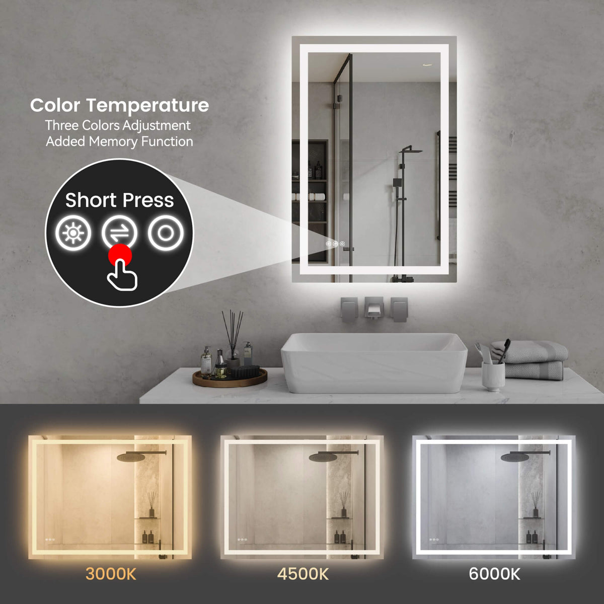 LED Bathroom Mirror with Front and Back Lighting, Anti-Fog and Dimmable Touch Control