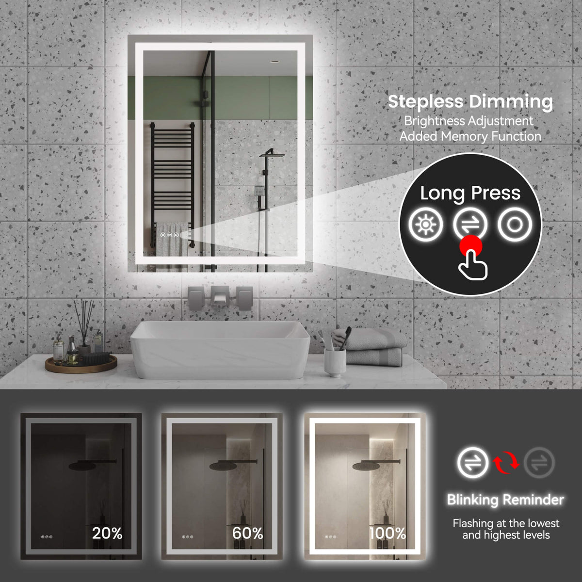 LED Bathroom Mirror with Front and Back Lighting, Anti-Fog and Dimmable Touch Control