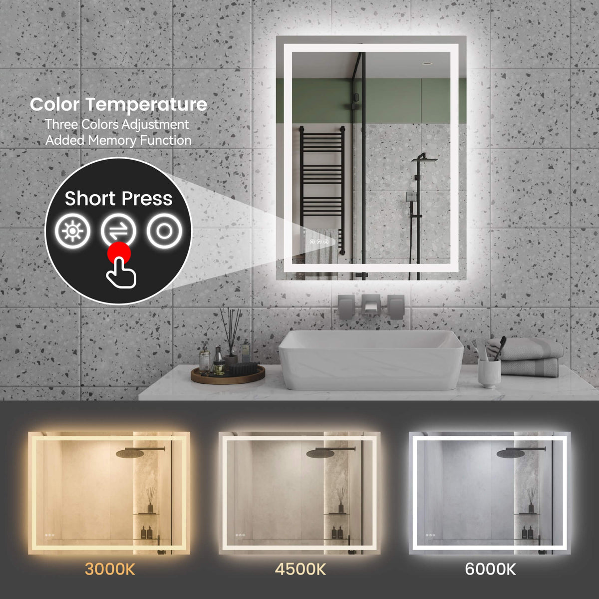 LED Bathroom Mirror with Front and Back Lighting, Anti-Fog and Dimmable Touch Control