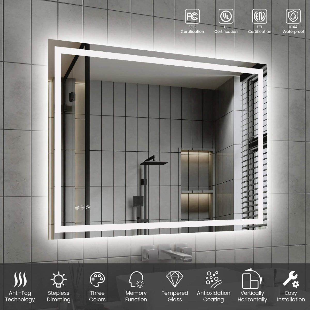 LED Bathroom Mirror with Front and Back Lighting, Anti-Fog and Dimmable Touch Control