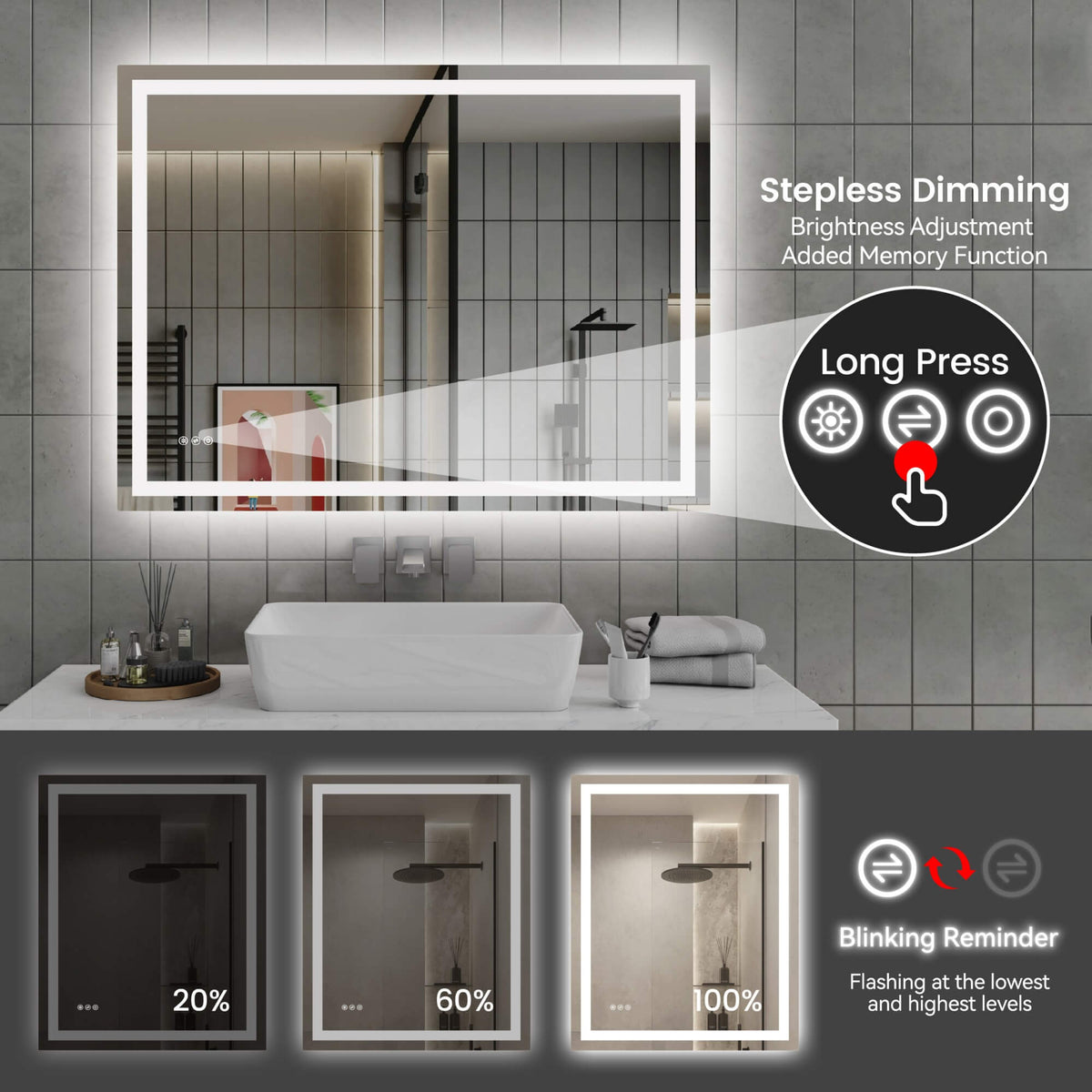 LED Bathroom Mirror with Front and Back Lighting, Anti-Fog and Dimmable Touch Control