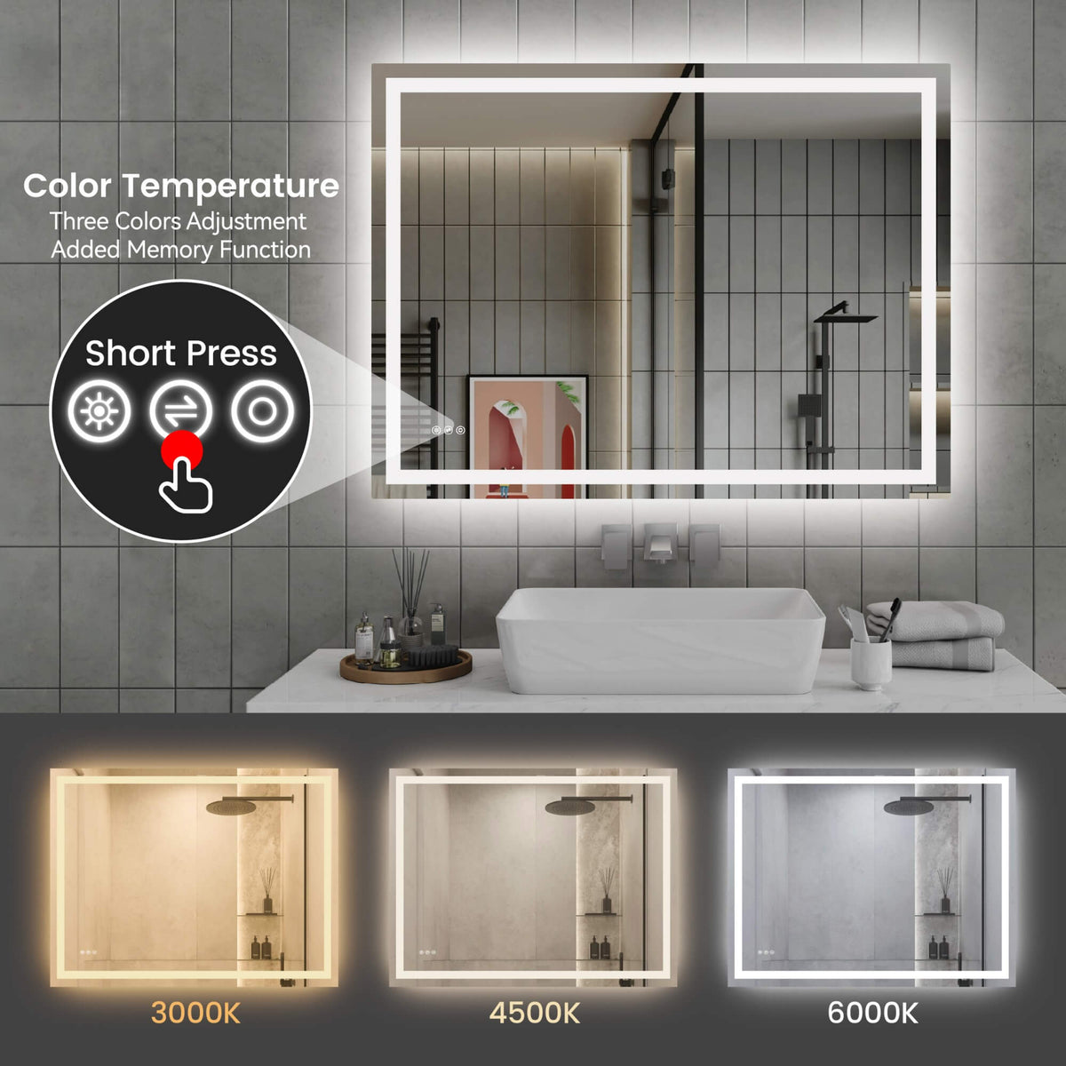 LED Bathroom Mirror with Front and Back Lighting, Anti-Fog and Dimmable Touch Control