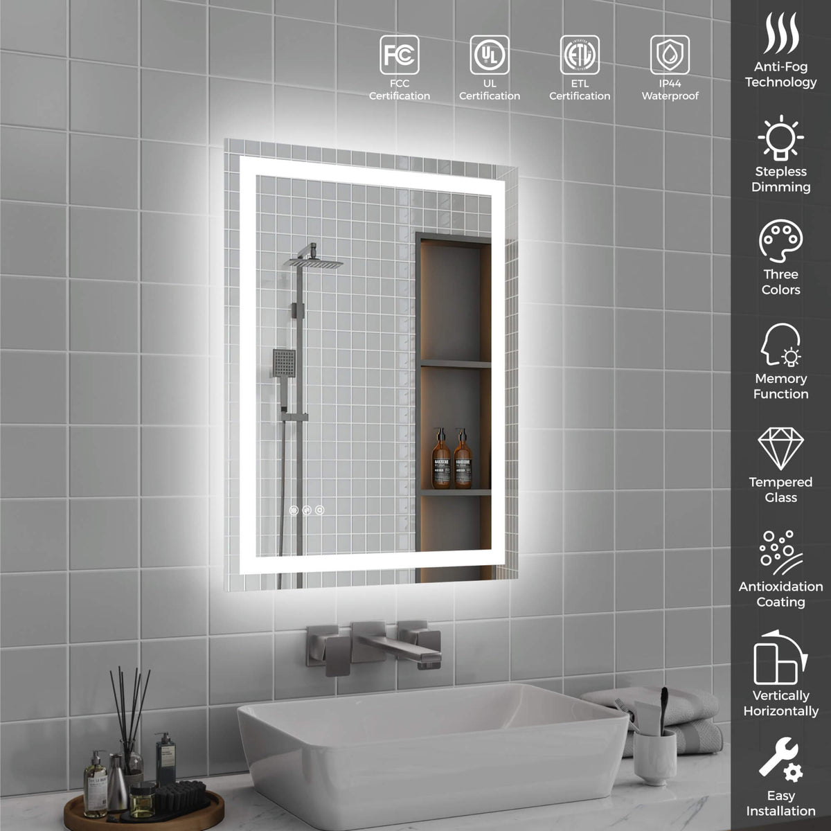 LED Bathroom Mirror with Front and Back Lighting, Anti-Fog and Dimmable Touch Control