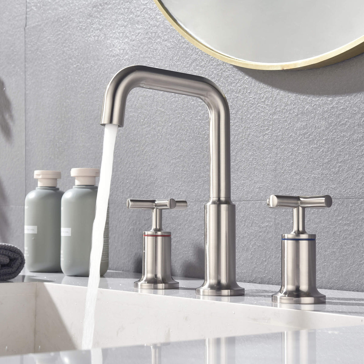 Widespread Cross Handle Gooseneck Vanity Faucet in Brushed Nickel
