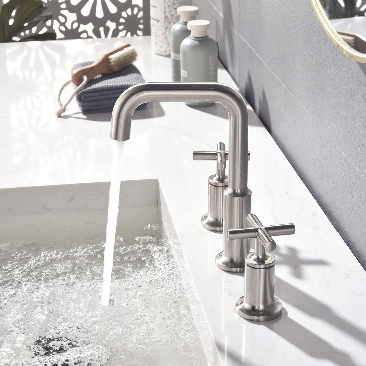 Widespread Cross Handle Gooseneck Vanity Faucet in Brushed Nickel