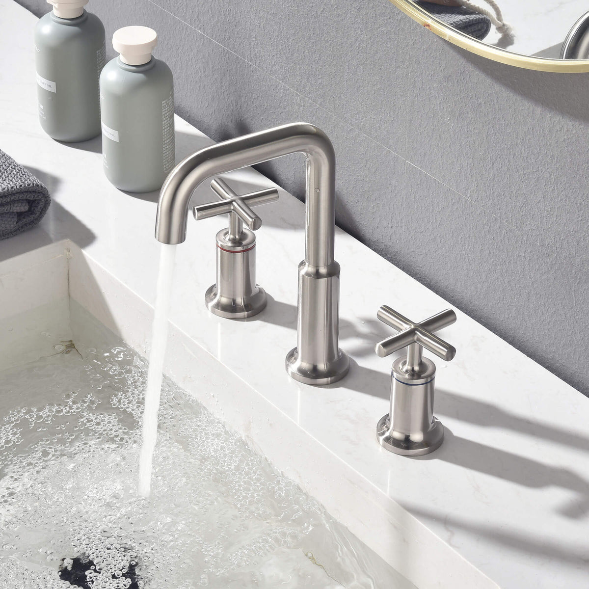 Widespread Cross Handle Gooseneck Vanity Faucet in Brushed Nickel