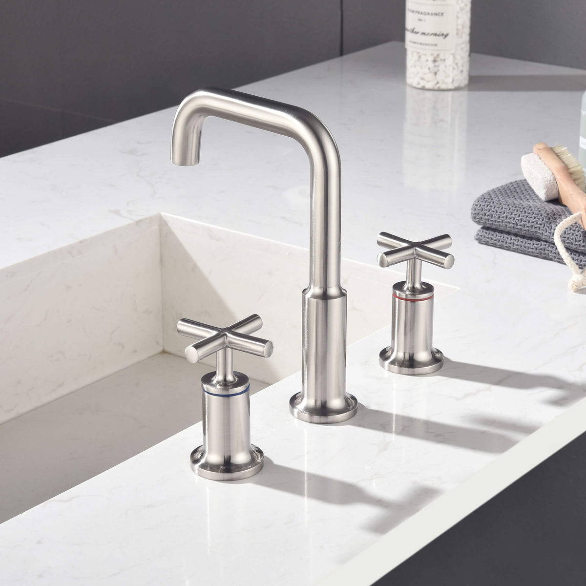 Widespread Cross Handle Gooseneck Vanity Faucet in Brushed Nickel