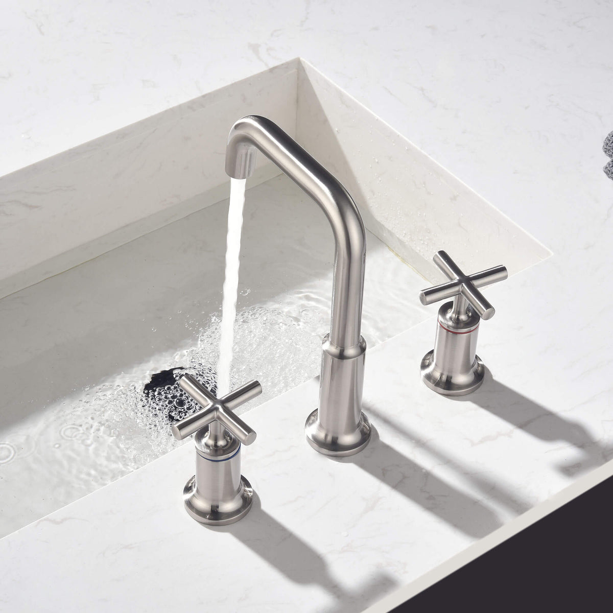 Widespread Cross Handle Gooseneck Vanity Faucet in Brushed Nickel