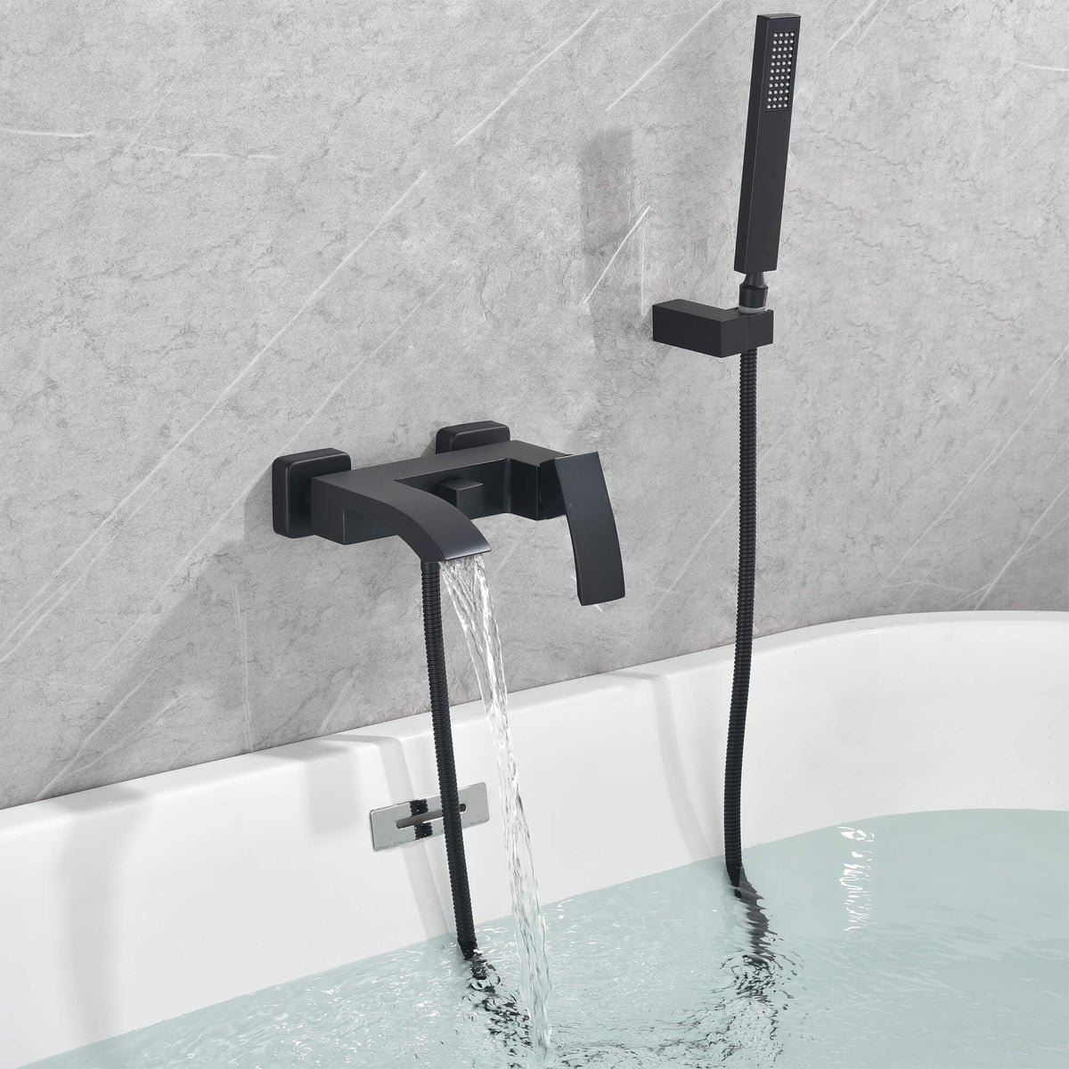 Matte Black Bathtub Wall-Mounted Faucet with Waterfall Spout